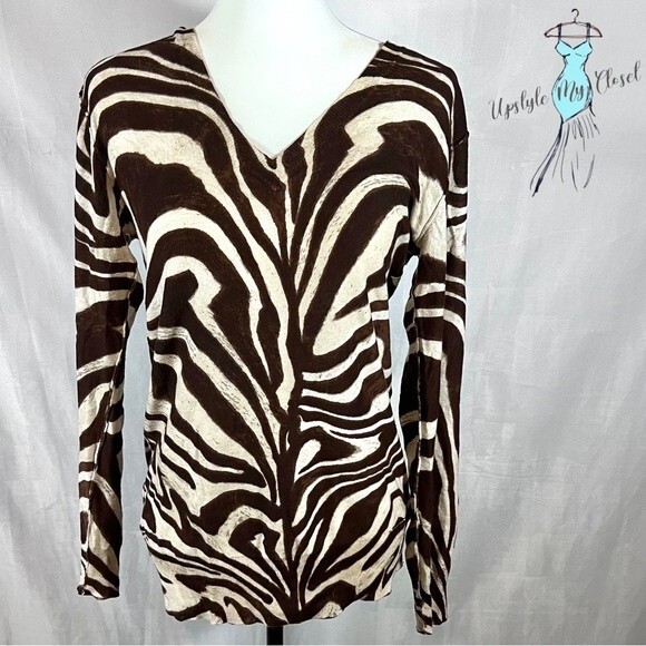 Michael Kors tan and brown marble print vneck light oversized knit top size XS - Picture 2 of 9
